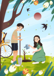 植树节保护环境浇水种树青年男女