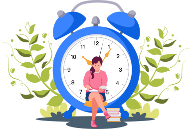 女学生坐在闹钟上看书矢量插画