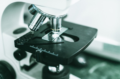 显微镜物镜与载物台局部特写