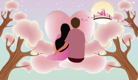 一对情侣坐在粉色树上情人节粉色插画