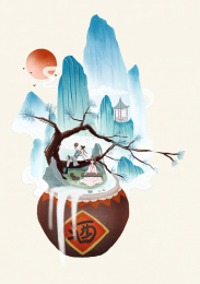 古风男女树下喝酒弹琴插画