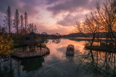 浙江杭州西湖茅家埠黛色参天冬日日出风光