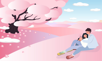 扁平风一对穿着时尚的情侣坐在美丽樱花树下