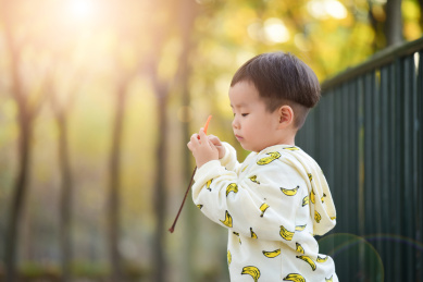 树林里拿着树枝玩耍的小朋友