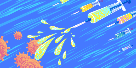  注射器药剂和冠状病毒的插画