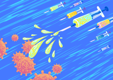  注射器药剂和冠状病毒的插画