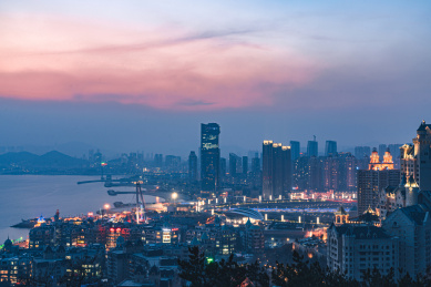 辽宁省大连市星海湾日落城市风光
