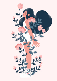 穿白色短裙的长发少女被叶子和花朵围绕