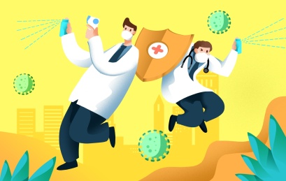 戴口罩医护人员喷洒酒精杀毒杀菌插画