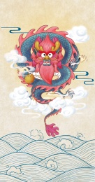 水纹蓝底粉龙手持龙珠在祥云里腾飞