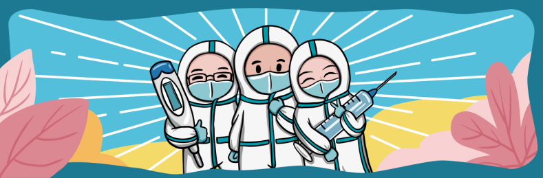 三个穿防护服的医生抱着针筒和体温计