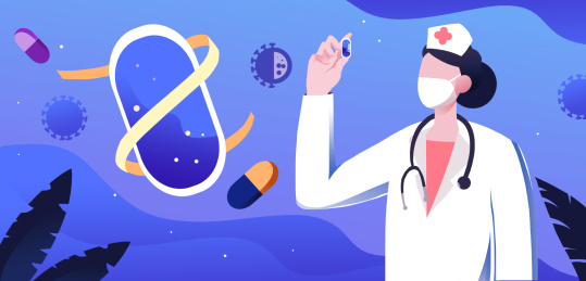 卡通手绘戴口罩女医生手拿病毒疫苗样本插画