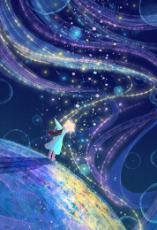 小女孩站在星球上拿着星星