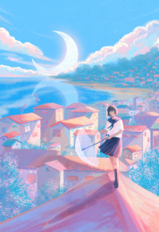 校服少女站在屋顶上拿着雨伞