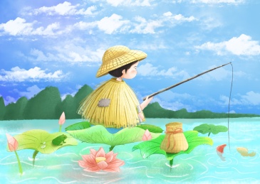 春天坐在荷叶上的小儿在垂钓