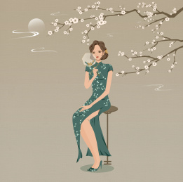 梨花树下穿着旗袍的女人手里拿着团扇插画