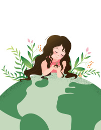 植树节女孩手捧发芽植物与绿色地球