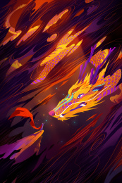 天空云层中光束照射的中国神龙插画