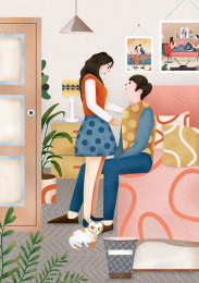 小情侣在家坐在床边约会聊天