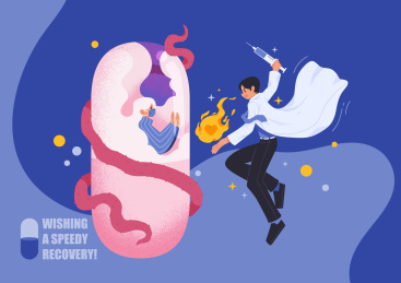 手持爱心火焰的医生拯救被病魔缠绕的患者