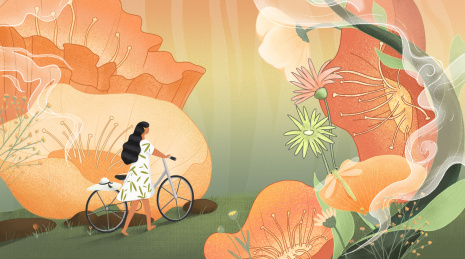 春季女孩推自行车走在花丛中手绘插画