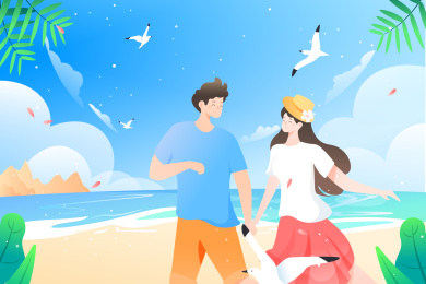 情侣奔跑在海边矢量插画