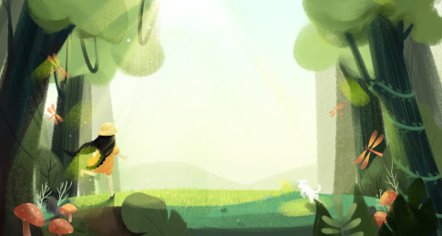 春夏女孩和宠物在森林中奔跑手绘插画