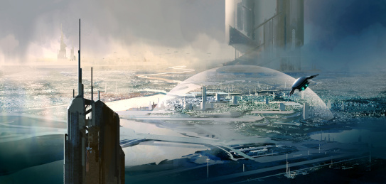 科幻背景下的建筑和飞机场景