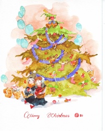 水彩画可爱男生女生情侣圣诞节