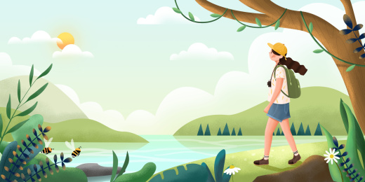 女孩背着包外出游玩采风