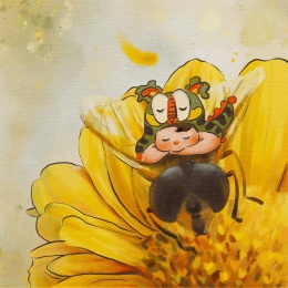 菊花上戴着虎头帽的娃娃趴在蜜蜂身上睡觉