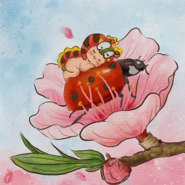 桃花上带着虎头帽的娃娃趴在七星瓢虫上睡觉