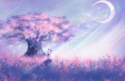 情侣背影在樱花树下