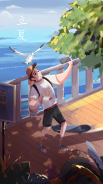 夏日在海边的栈道上自拍遇见了海鸥