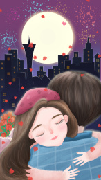 男生女生情人中秋在夜晚的烟火和月亮下拥抱