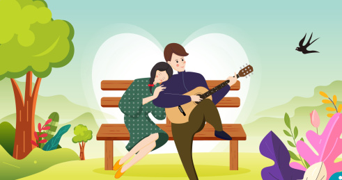 一对情侣坐在凳子上弹琴的插画