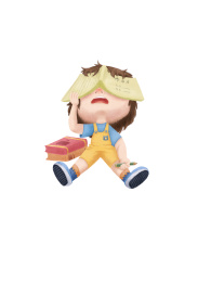 坐在地上握着笔把作业本盖在脸上的男孩