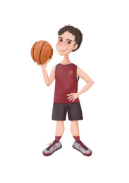 一个站着叉腰托举篮球穿着运动服的微笑男生