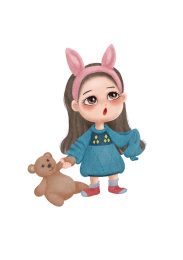 拉着熊玩具的戴兔耳朵发带的小女孩衣袖太长