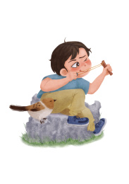 坐在石头上拉弹弓的调皮男孩和一只小麻雀