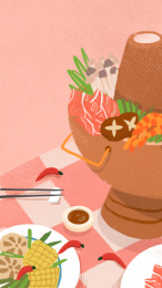 粉白格子桌子上摆着丰盛的火锅和火锅食材