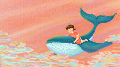 蓝色鲸鱼载着女孩在彩色云朵的天空中飞行