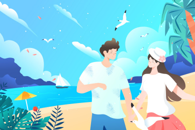 夏季情侣海边度假矢量插画