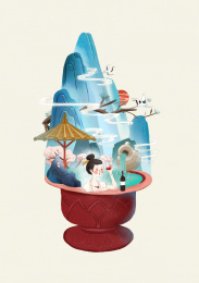 泡着温泉享受葡萄酒的少女