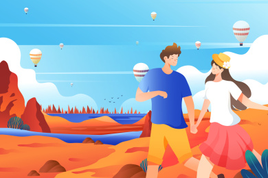 情侣旅游风景矢量插画