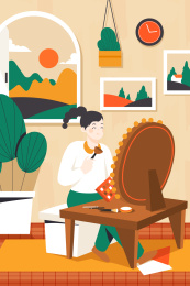 在家化妆的女孩矢量插画