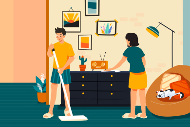 两个人在家打扫卫生矢量插画