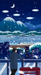 冬天下雪夜晚看城市夜景的男人