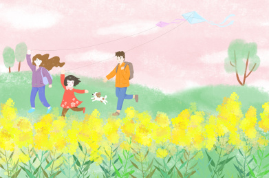二十四节气春分一家人郊游放风筝横版