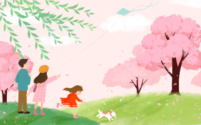春天一家人踏青赏樱花放风筝横版
